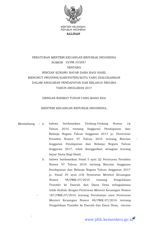 Peraturan Menteri Keuangan Nomor 19/PMK.07/2017