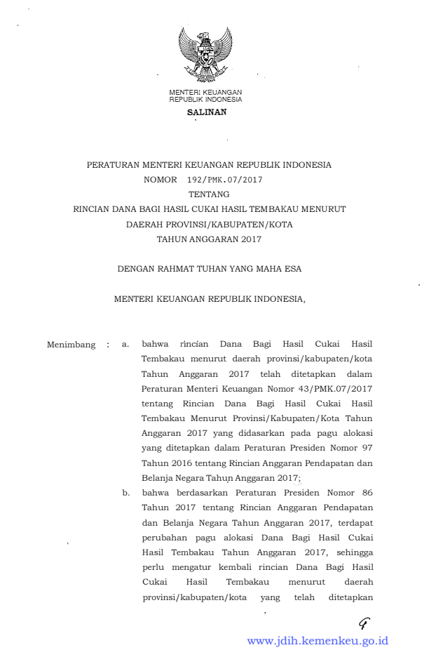 Peraturan Menteri Keuangan Nomor 192/PMK.07/2017