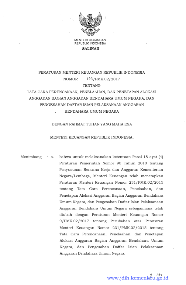 Peraturan Menteri Keuangan Nomor 193/PMK.02/2017