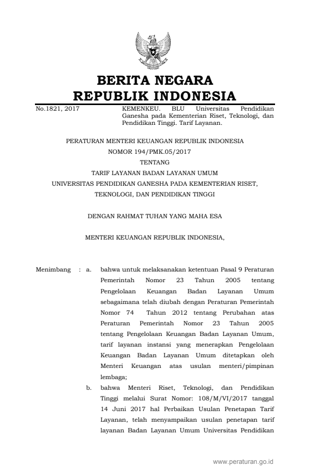 Peraturan Menteri Keuangan Nomor 194/PMK.05/2017