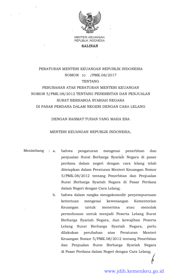 Peraturan Menteri Keuangan Nomor 20/PMK.08/2017