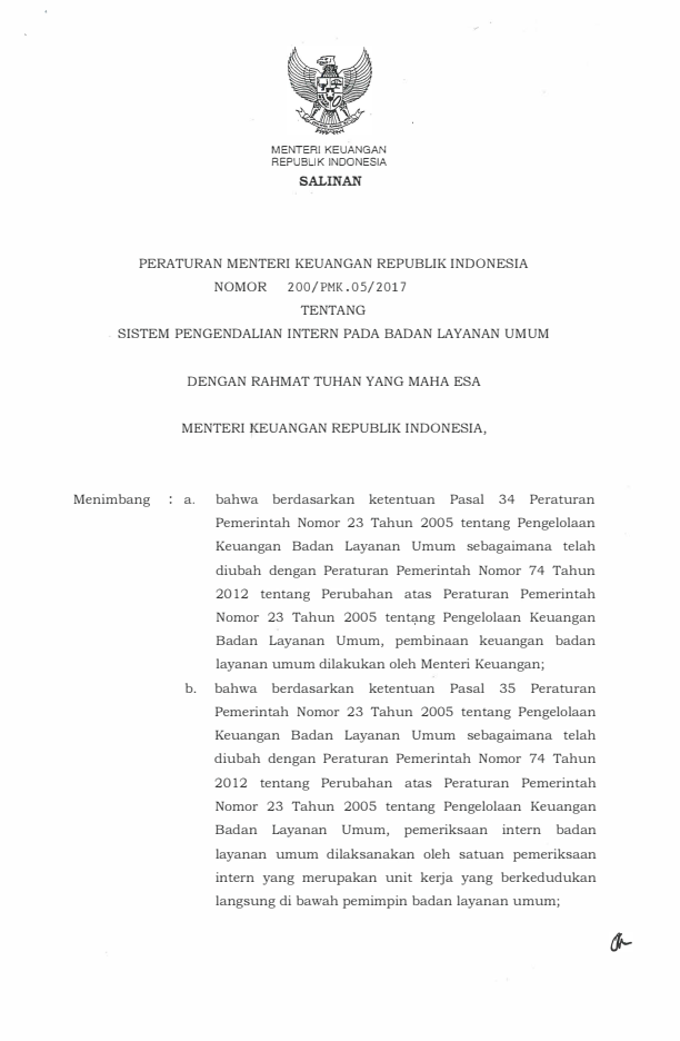 Peraturan Menteri Keuangan Nomor 200/PMK.05/2017