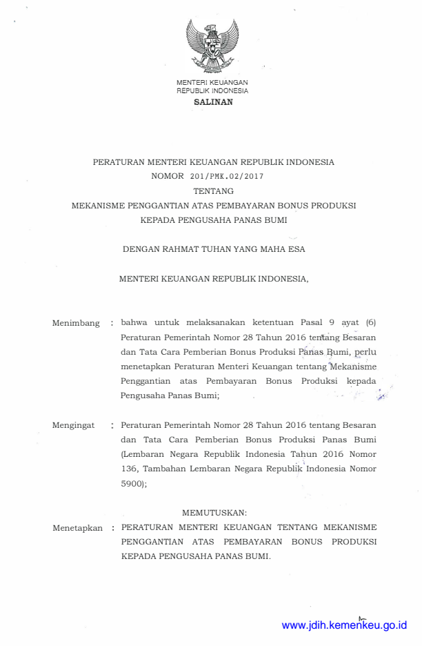 Peraturan Menteri Keuangan Nomor 201/PMK.02/2017