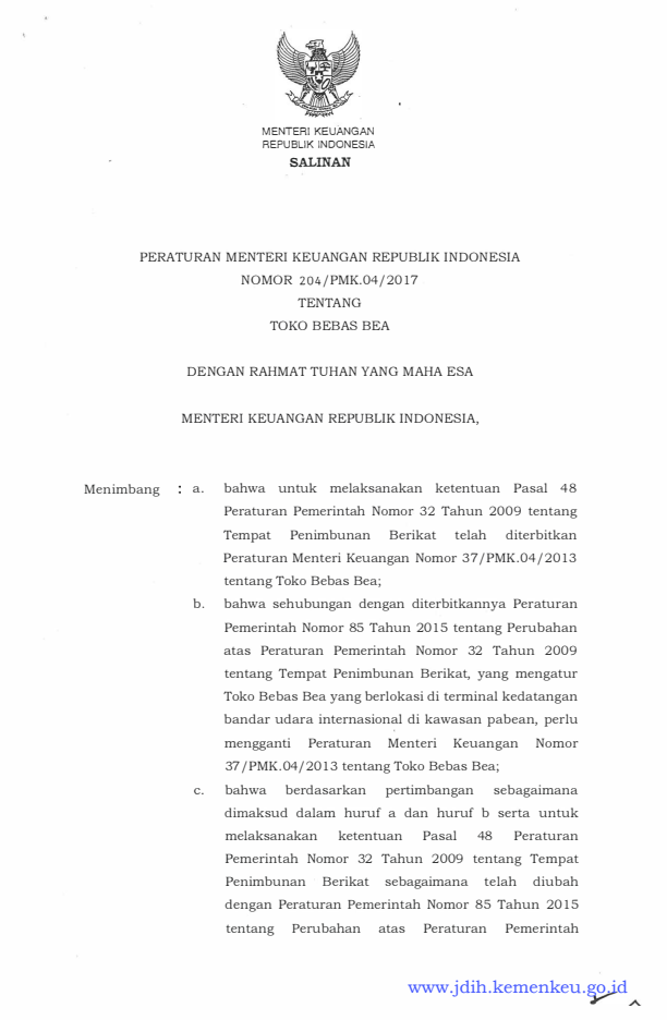 Peraturan Menteri Keuangan Nomor 204/PMK.04/2017