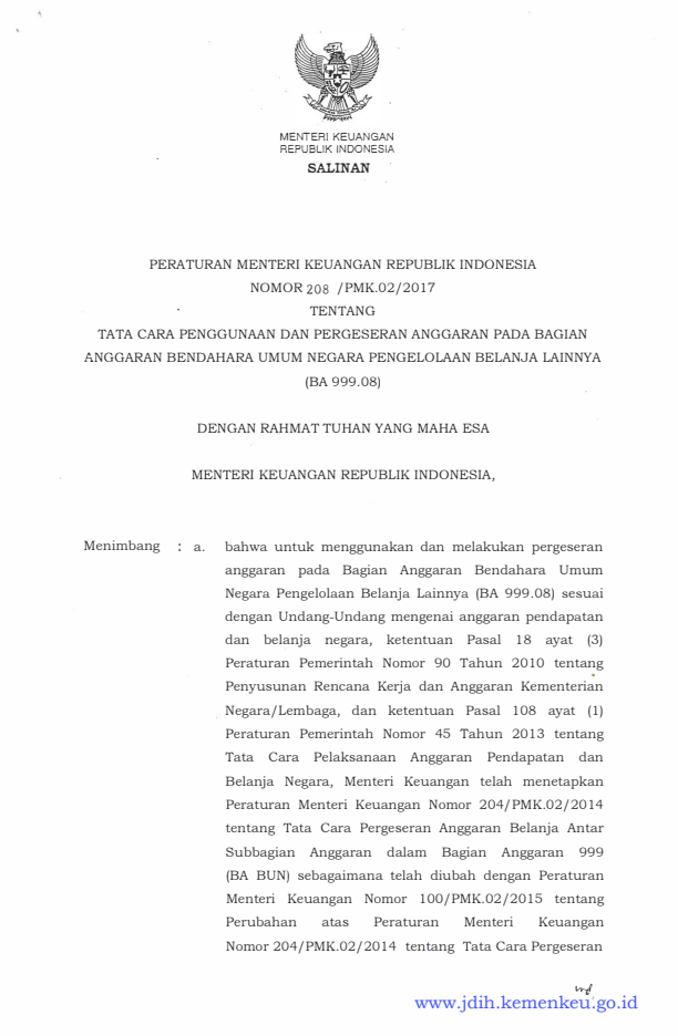 Peraturan Menteri Keuangan Nomor 208/PMK.02/2017