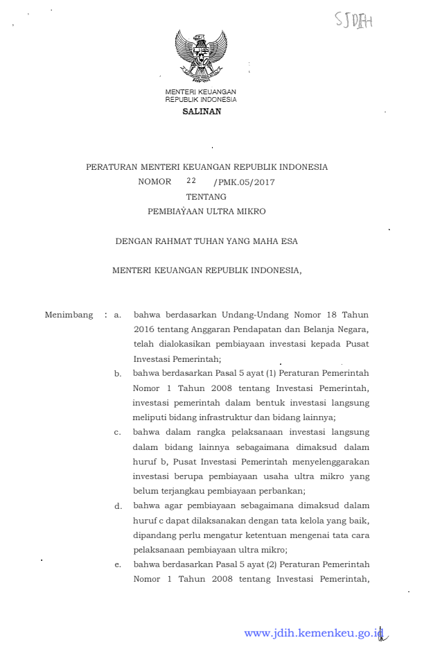 Peraturan Menteri Keuangan Nomor 22/PMK.05/2017