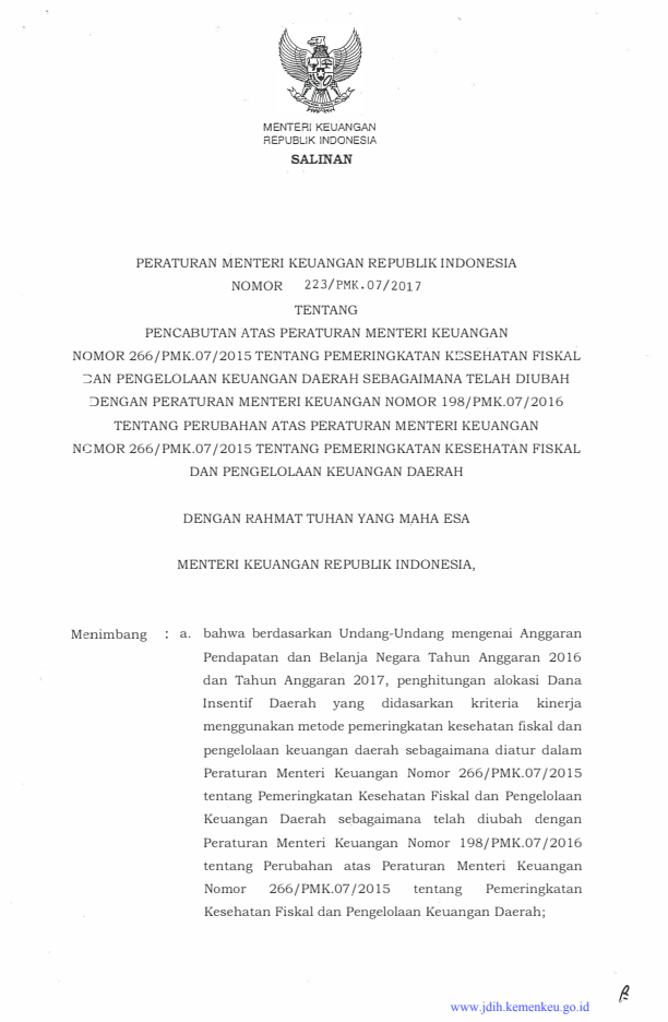 Peraturan Menteri Keuangan Nomor 223/PMK.07/2017