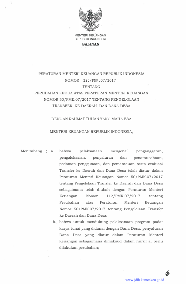 Peraturan Menteri Keuangan Nomor 225/PMK.07/2017