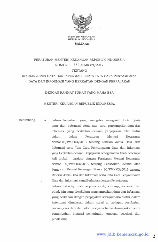 Peraturan Menteri Keuangan Nomor 228/PMK.03/2017