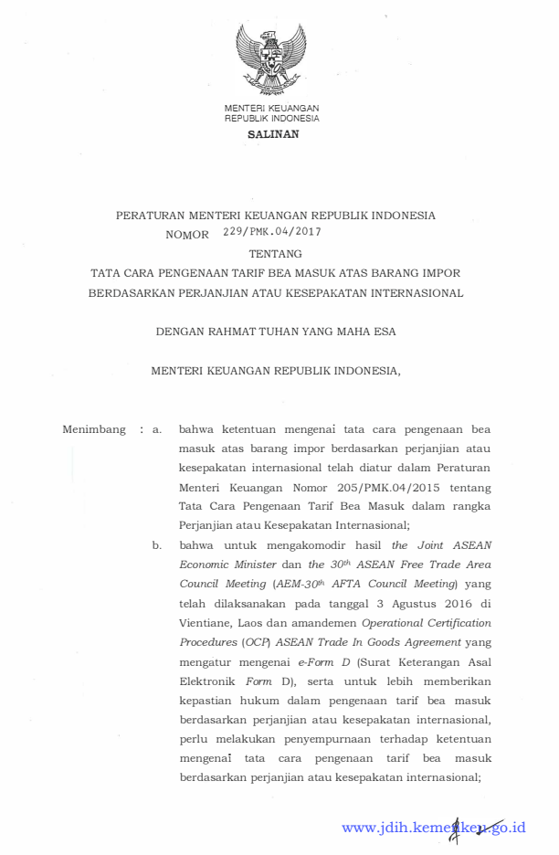 Peraturan Menteri Keuangan Nomor 229/PMK.04/2017