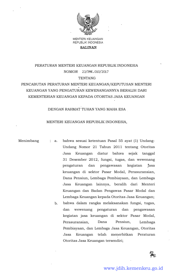 Peraturan Menteri Keuangan Nomor 23/PMK.010/2017