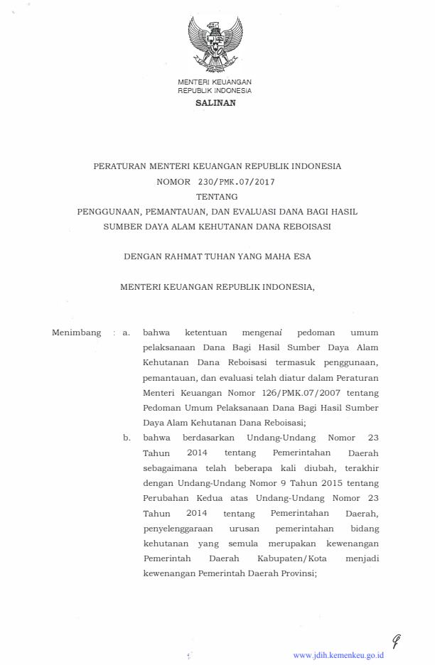 Peraturan Menteri Keuangan Nomor 230/PMK.07/2017