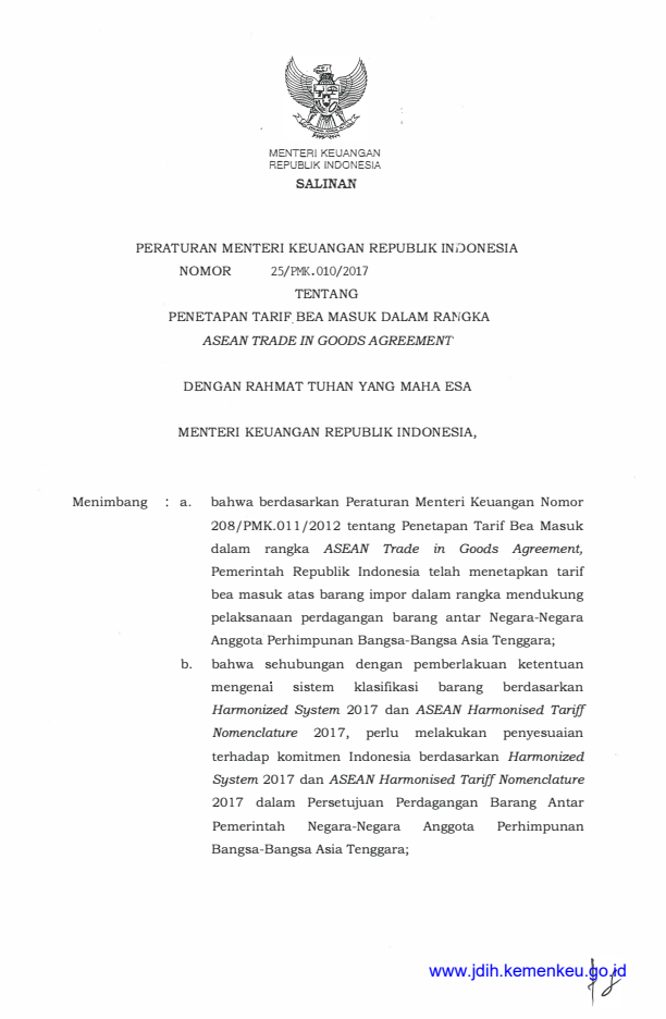 Peraturan Menteri Keuangan Nomor 25/PMK.010/2017