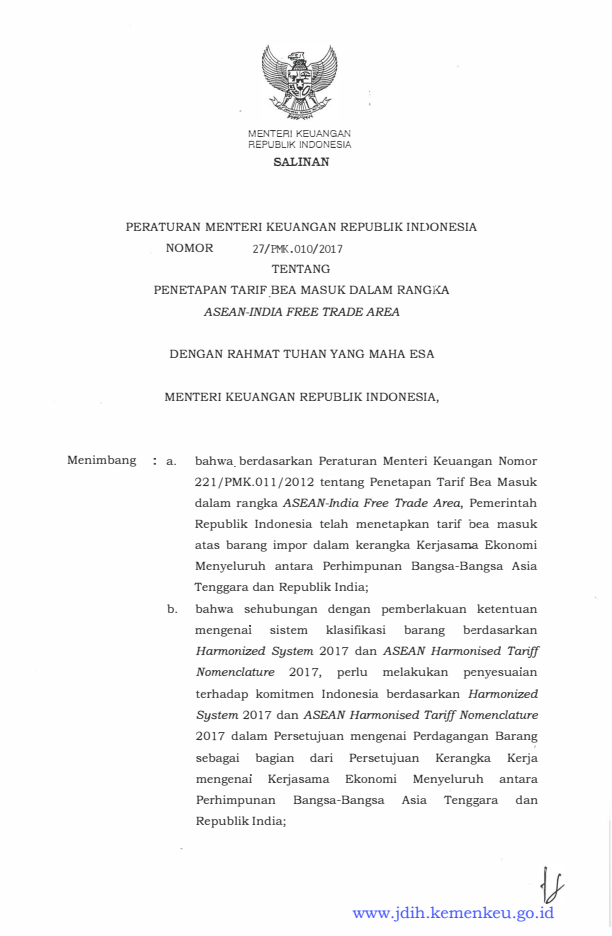 Peraturan Menteri Keuangan Nomor 27/PMK.010/2017