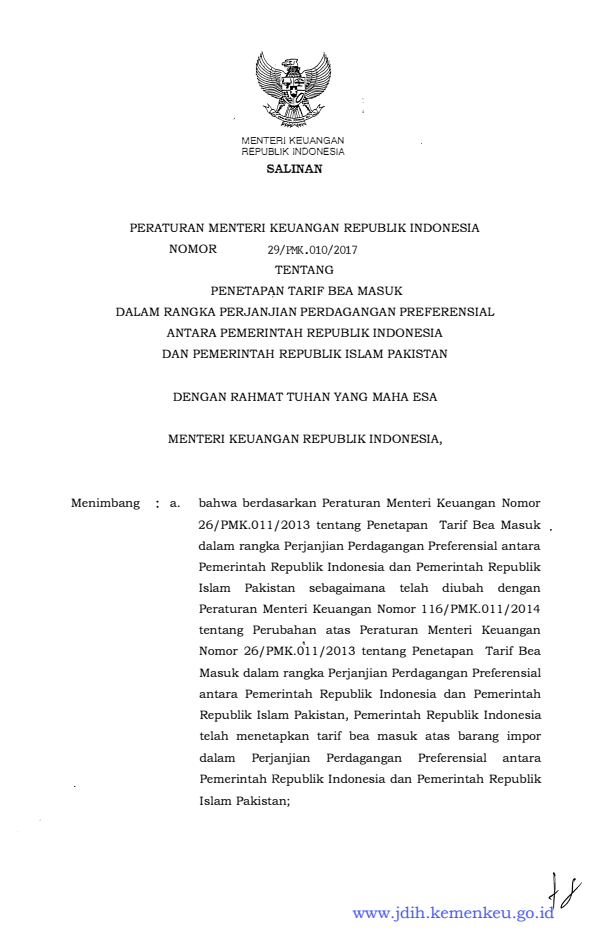 Peraturan Menteri Keuangan Nomor 29/PMK.010/2017