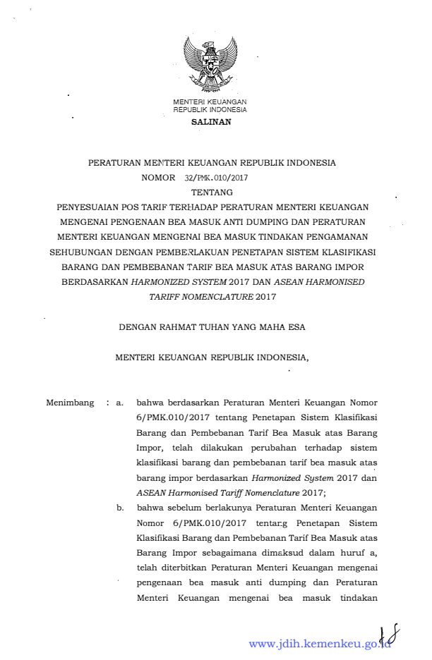 Peraturan Menteri Keuangan Nomor 32/PMK.010/2017