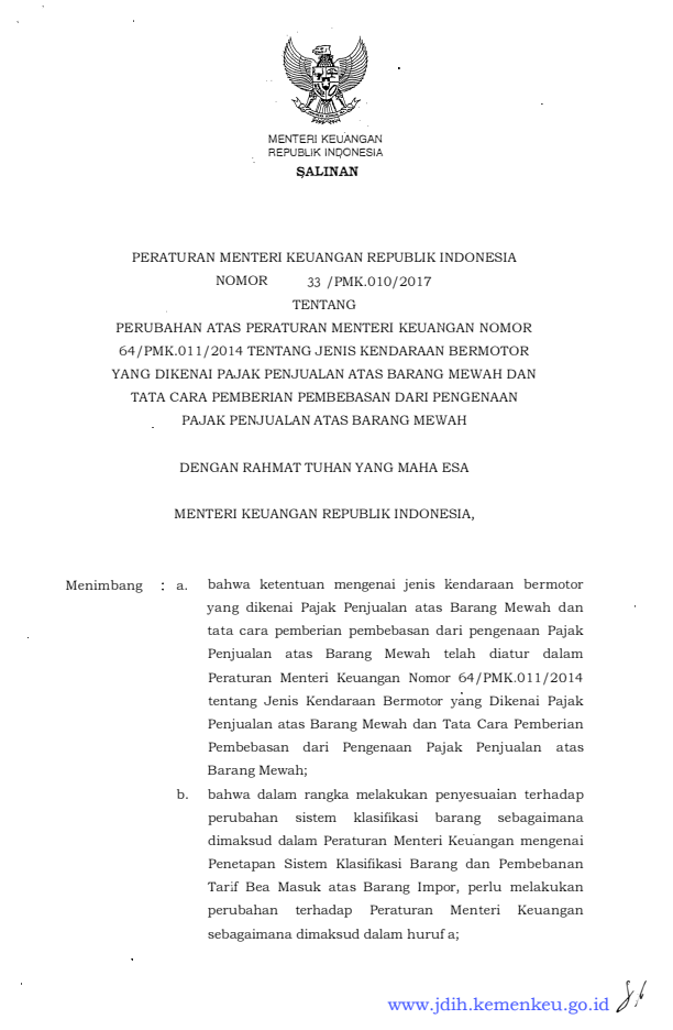 Peraturan Menteri Keuangan Nomor 33/PMK.010/2017