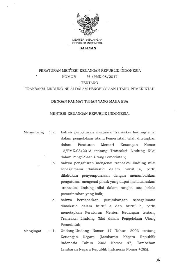 Peraturan Menteri Keuangan Nomor 36/PMK.08/2017