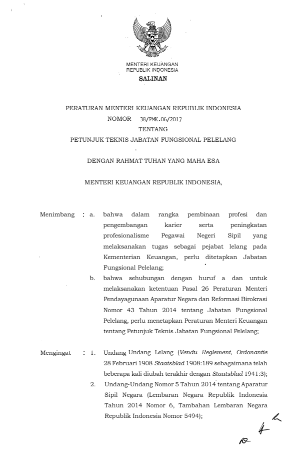 Peraturan Menteri Keuangan Nomor 38/PMK.06/2017