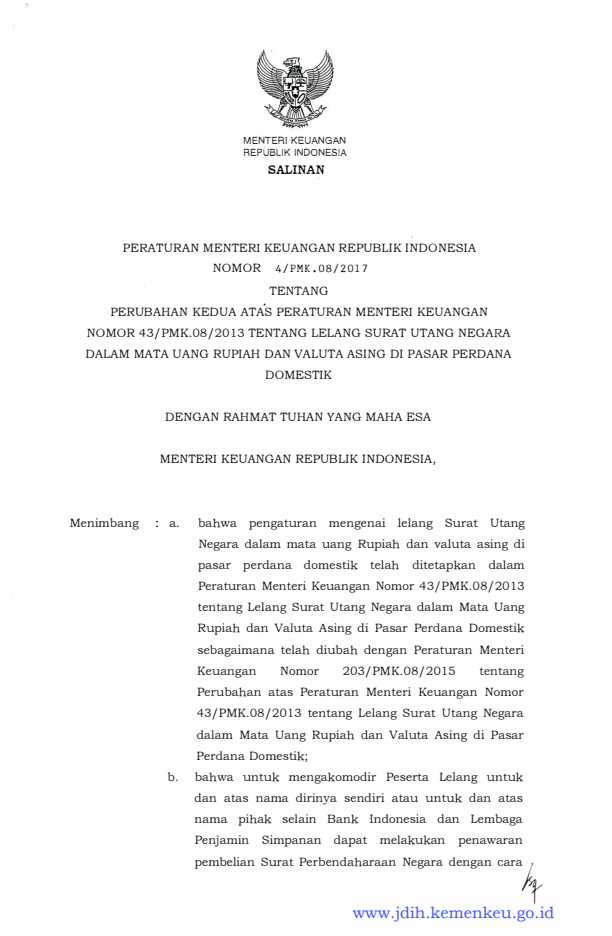 Peraturan Menteri Keuangan Nomor 4/PMK.08/2017