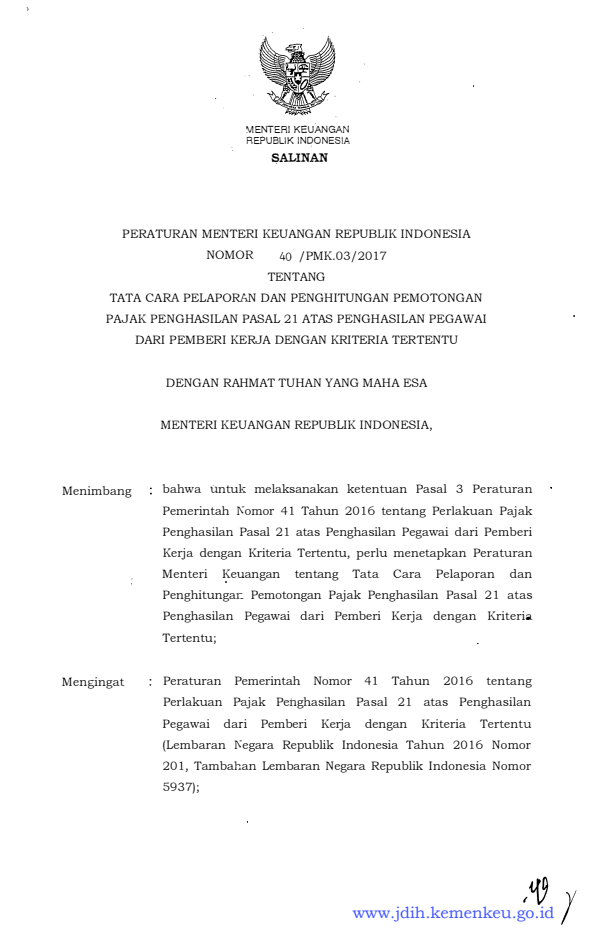 Peraturan Menteri Keuangan Nomor 40/PMK.03/2017