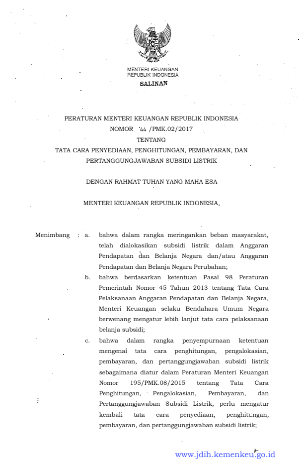 Peraturan Menteri Keuangan Nomor 44/PMK.02/2017