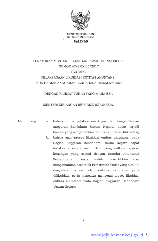 Peraturan Menteri Keuangan Nomor 47/PMK.05/2017