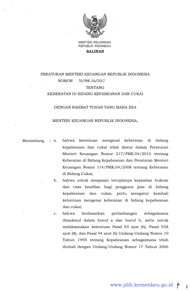 Peraturan Menteri Keuangan Nomor 51/PMK.04/2017