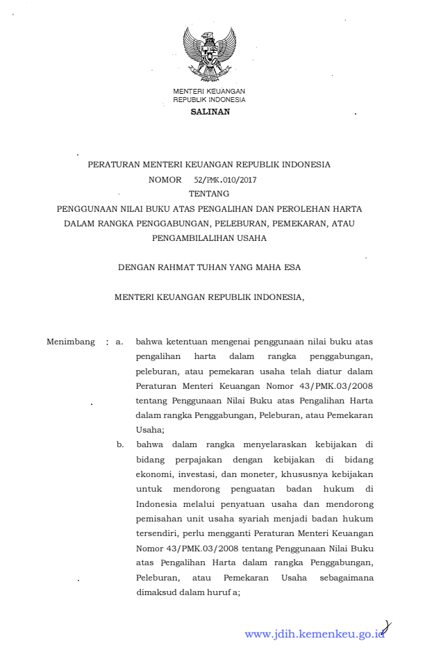 Peraturan Menteri Keuangan Nomor 52/PMK.010/2017