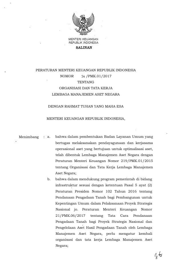 Peraturan Menteri Keuangan Nomor 54/PMK.01/2017