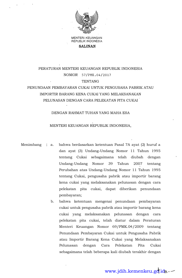 Peraturan Menteri Keuangan Nomor 57/PMK.04/2017