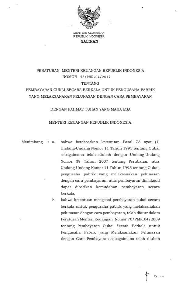 Peraturan Menteri Keuangan Nomor 58/PMK.04/2017