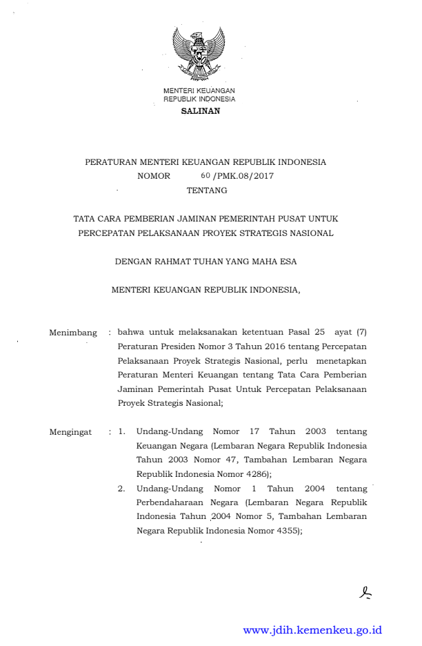 Peraturan Menteri Keuangan Nomor 60/PMK.08/2017