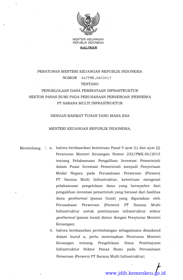 Peraturan Menteri Keuangan Nomor 62/PMK.08/2017