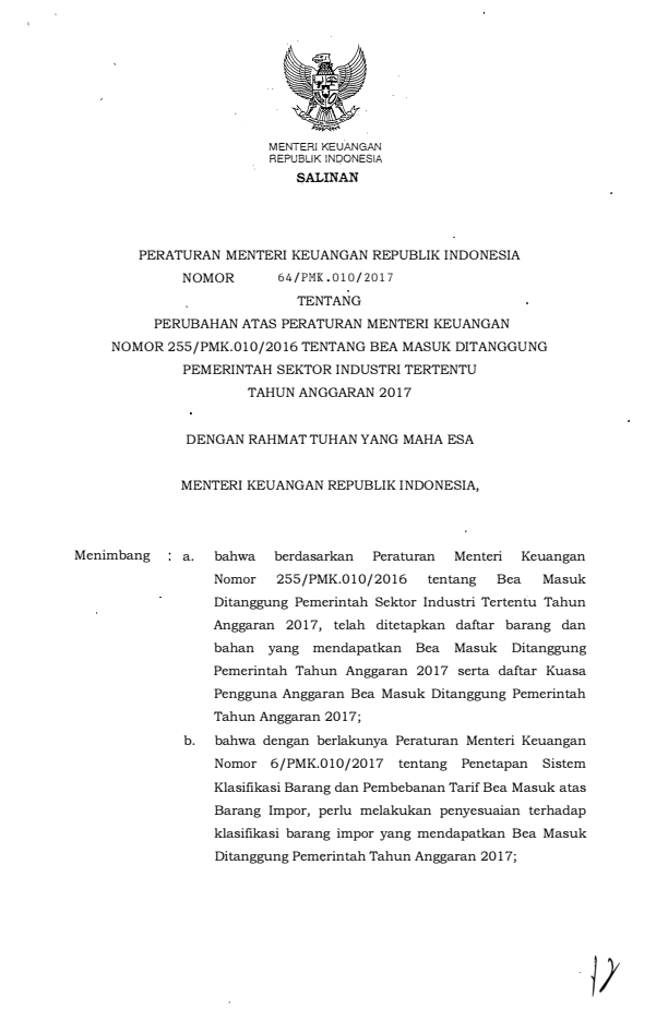 Peraturan Menteri Keuangan Nomor 64/PMK.010/2017