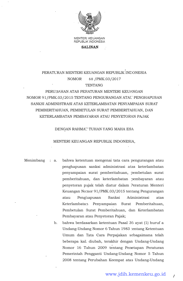 Peraturan Menteri Keuangan Nomor 68/PMK.03/2017