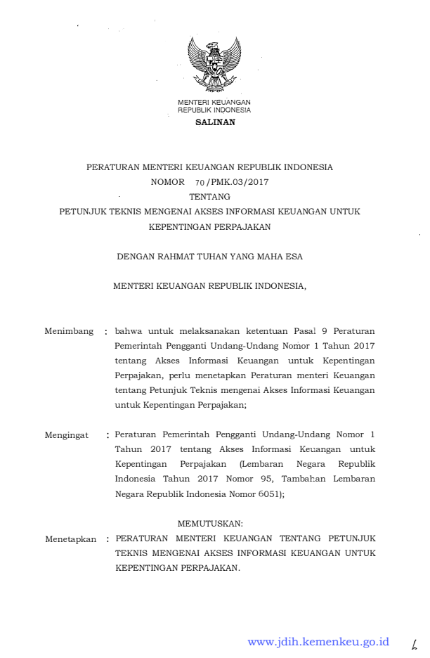 Peraturan Menteri Keuangan Nomor 70/PMK.03/2017