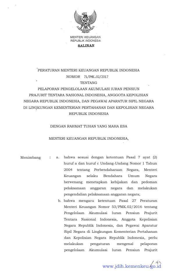 Peraturan Menteri Keuangan Nomor 71/PMK.02/2017