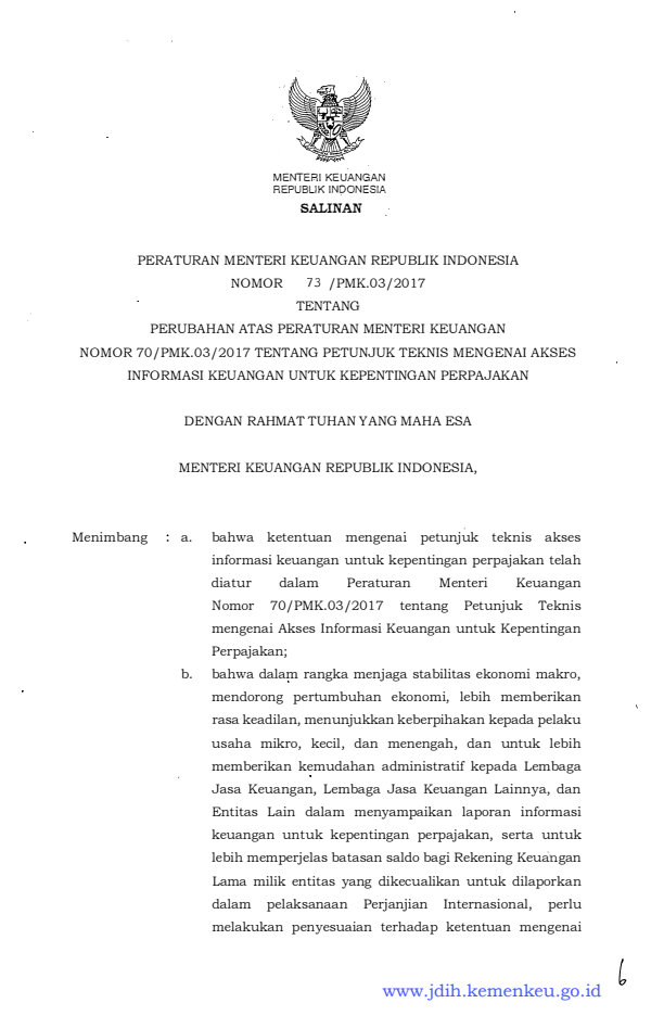 Peraturan Menteri Keuangan Nomor 73/PMK.03/2017