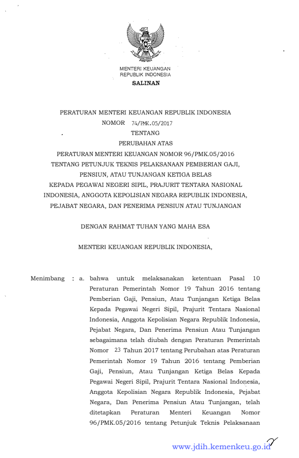 Peraturan Menteri Keuangan Nomor 74/PMK.05/2017