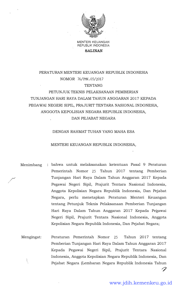 Peraturan Menteri Keuangan Nomor 76/PMK.05/2017