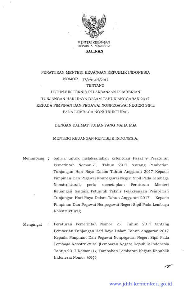 Peraturan Menteri Keuangan Nomor 77/PMK.05/2017