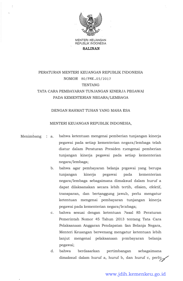 Peraturan Menteri Keuangan Nomor 80/PMK.05/2017