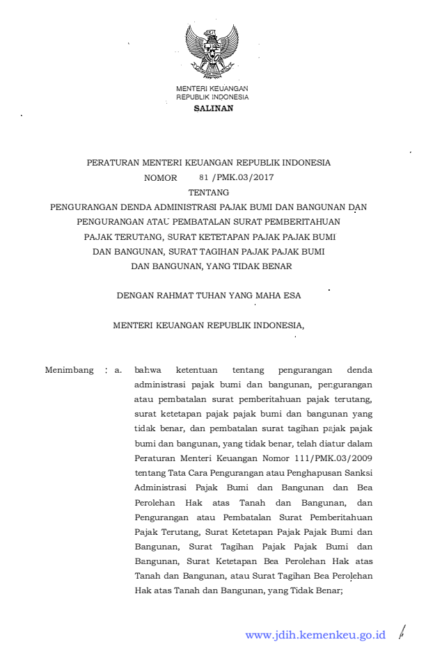 Peraturan Menteri Keuangan Nomor 81/PMK.03/2017