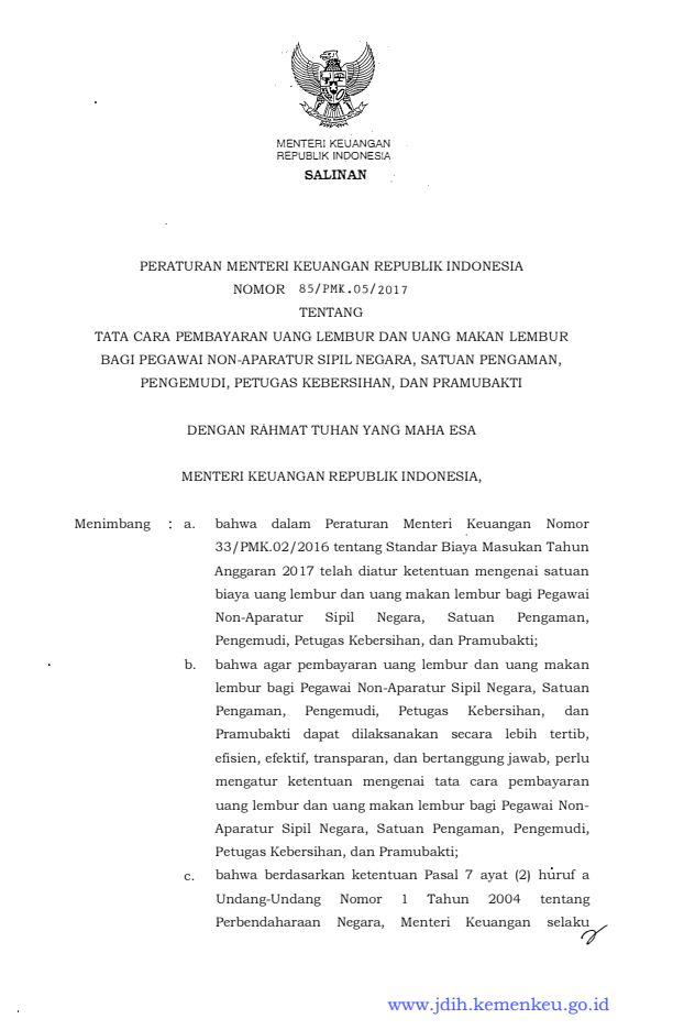 Peraturan Menteri Keuangan Nomor 85/PMK.05/2017