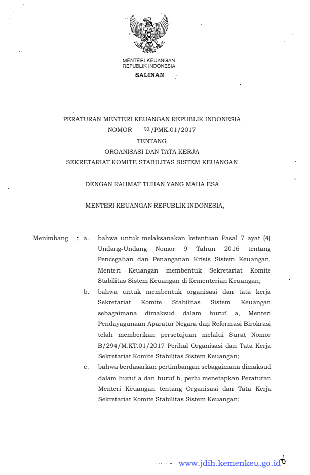 Peraturan Menteri Keuangan Nomor 92/PMK.01/2017