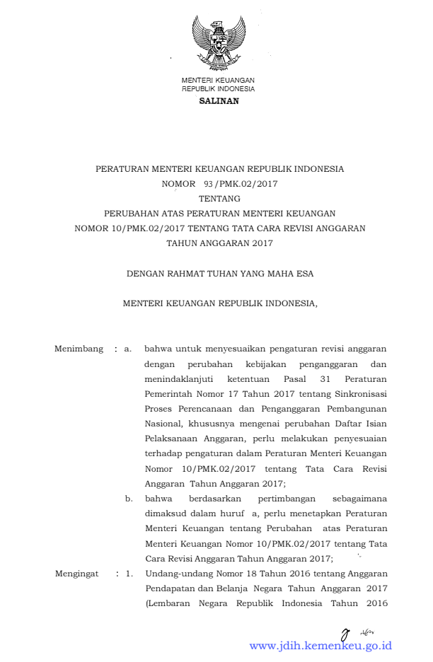 Peraturan Menteri Keuangan Nomor 93/PMK.02/2017