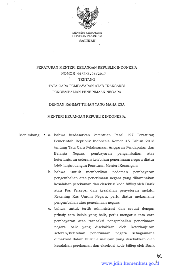 Peraturan Menteri Keuangan Nomor 96/PMK.05/2017