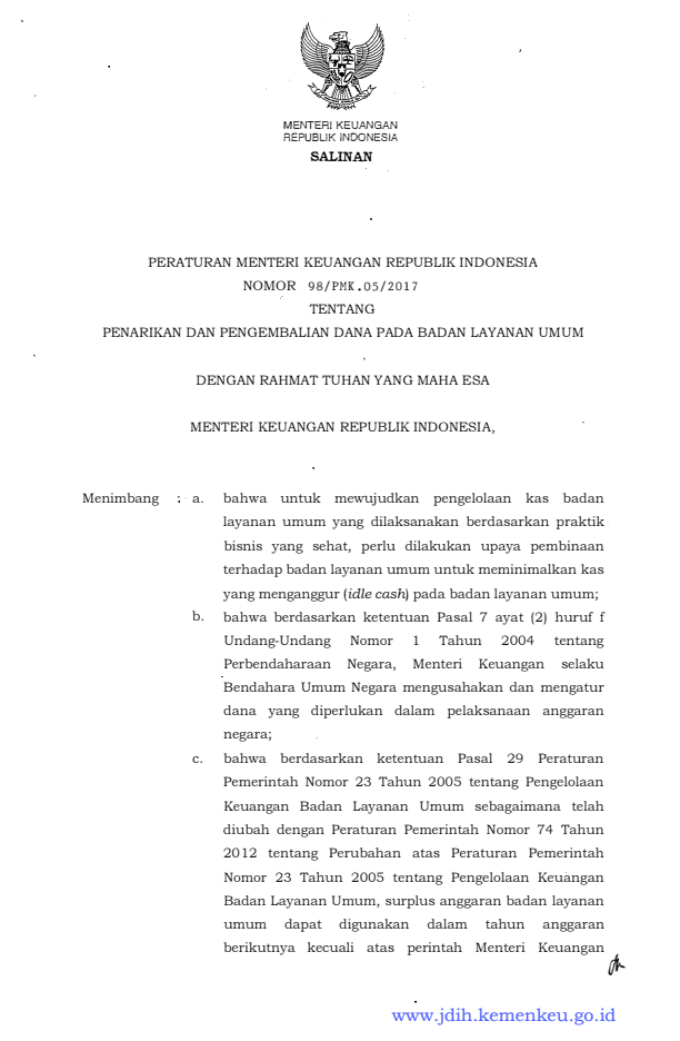 Peraturan Menteri Keuangan Nomor 98/PMK.05/2017