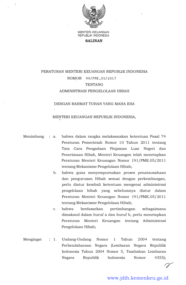 Peraturan Menteri Keuangan Nomor 99/PMK.05/2017